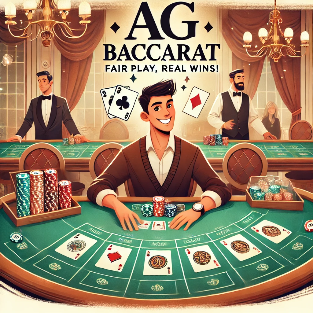 An illustration for a story about AG Baccarat, featuring a player winning at a Baccarat table in an elegant casino setting. The player is smiling, surrounded by chips and cards, symbolizing a fair and rewarding experience. The background includes a friendly dealer and other players, creating a warm and trustworthy atmosphere. The text overlay reads: 'AG Baccarat – Fair Play, Real Wins!'